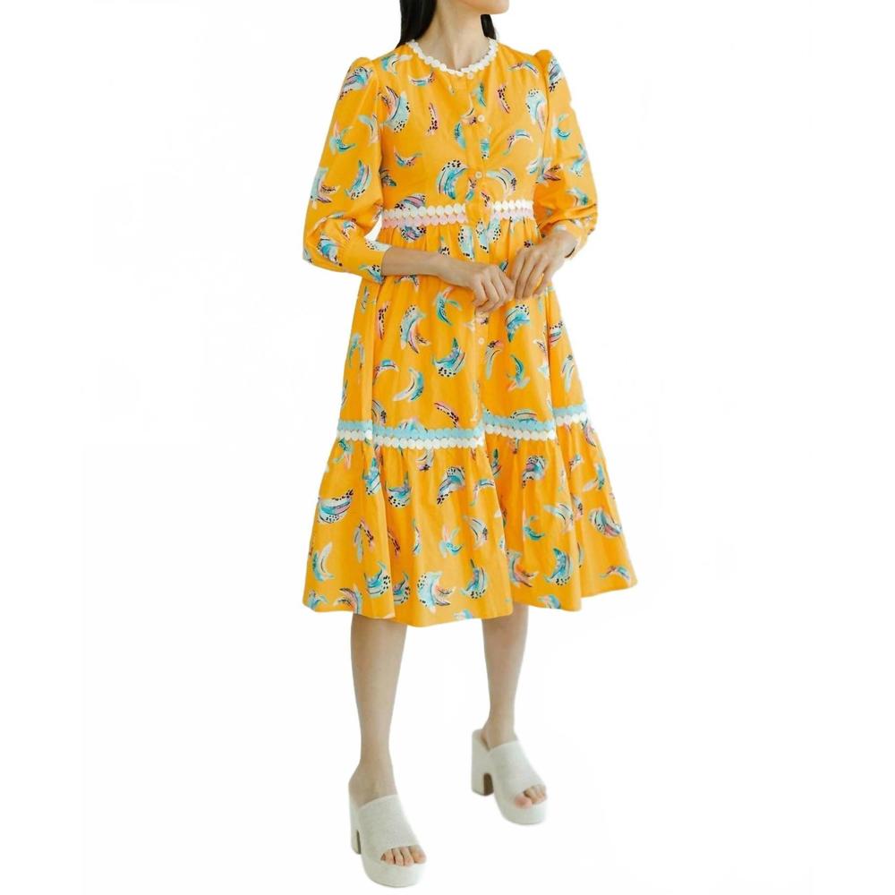 NEW MARIE BY VICTORIA DUNN amelie bananas midi dress in gold